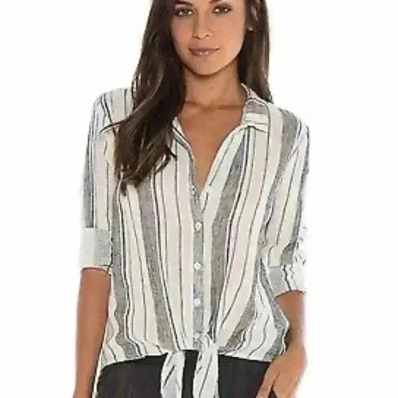 Anthropologie | Cloth & Stone Tie Front Button Up Blouse, Cream & Black Striped - Picture 1 of 3